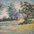 Original oil painting of a little church in the woods Royalty Free Stock Photo