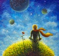 The Little Prince and the Rose on a planet in beautiful night sky.