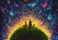 Original oil painting Little prince and fox and Red Rose sitting on grass under starry sky.