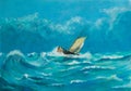 Original oil painting of lonely little sailing ship battling in Royalty Free Stock Photo