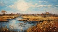 Impasto Oil Painting Of Farmland With River: Memories Of Van Gogh