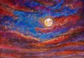 Original oil painting relax clouds, great sky and big moon landscape Royalty Free Stock Photo