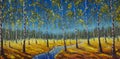 Original oil painting of River in a birch grove