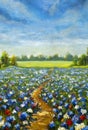 Original oil painting Road in blue white and red chamomile flower field Royalty Free Stock Photo