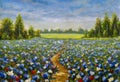 Original oil painting Road in blue white and red chamomile flower field Royalty Free Stock Photo