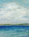 Original oil painting of sea and beach on canvas. Big cloud over the sea Royalty Free Stock Photo