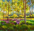 Original oil painting sunny Forest landscape, green nature, park alley - Art Sunny spring birch trees in a sunny green forest