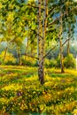 Original oil painting sunny Forest landscape, green nature, park alley - Art Sunny spring birch trees in a sunny green forest