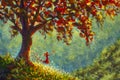 Original oil painting Symbol beauty of nature - girl woman in red dress releases pigeon bird from her hands. Big tree