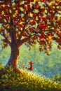 Original oil painting Symbol beauty of nature - girl woman in red dress releases pigeon bird from her hands. Big tree