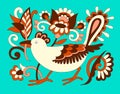 original oriental decorative ethnic bird with flowers, ethno ukrainian pattern for your design