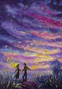 Original Painting abstract man and woman are dancing on sunset. Night, nature, landscape, purple starry sky, romance, love, feelin Royalty Free Stock Photo