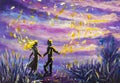 Original Painting abstract man and woman are dancing on sunset. Night, nature, landscape, purple starry sky, romance, love, feelin
