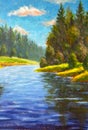 Original painting art illustration Beautiful natural scenery of river in green forest with blue sky