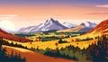 Original painting of beautiful autumn landscape, forest, mountains and river on canvas. Royalty Free Stock Photo