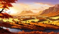 Original painting of beautiful autumn landscape, forest, mountains and river on canvas. Royalty Free Stock Photo