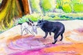 Original painting of two dogs playing.