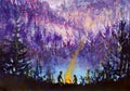 Painting of violet mountains and islands, vegetation, dawn, abstract landscape, mystical nature, post-apocalypse, sunset. Watercol