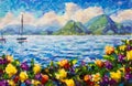 Painting Warm summer seascape. A boat in the blue ocean. Beautiful green mountains and fluffy yellow clouds in the background. Ora Royalty Free Stock Photo