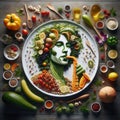 Original portrait of a musician laid out on a white plate of vegetables, spices and fruits, created using artificial intelligence