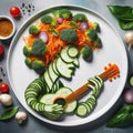 Original portrait of a musician laid out on a white plate of vegetables, spices and fruits, created using artificial intelligence