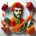 Original portrait of a musician laid out on a white plate of vegetables, spices and fruits, created using artificial intelligence