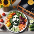 Original portrait of a musician laid out on a white plate of vegetables, spices and fruits, created using artificial intelligence