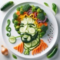 Original portrait of a musician laid out on a white plate of vegetables, spices and fruits, created using artificial intelligence