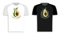 Original print for clothes, shirt. Cheerful avocado character with large bone laughing at problems. Hand drawn cartoon with stroke