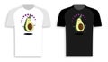 Original print for clothes, shirt. Peaceful avocado fruit meditates in lotus position. Hand drawn cartoon with stroke. Cartoon