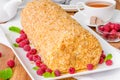 Original recipe Napoleon cake roll with vanilla custard and fresh raspberries