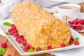 Original recipe Napoleon cake roll with vanilla custard and fresh raspberries
