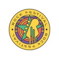 Original rock festival logo template. Music fest. Abstract line art with circles, star and electric guitar head. Vector