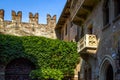 Romeo and Juliet Capulet original house with the balcony and patio in Verona, Italy. Famous history Shakespeare house. Royalty Free Stock Photo