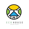 Original vector emblem with eco house, sun and trees. Environmentally friendly home. Linear design for business company Royalty Free Stock Photo