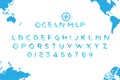 Original Sea Font in the form of a World Map with a retro compass on the background. Latin letters and numbers for