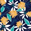 Original seamless pattern with tropical flowers and leaves on blue background. Vector design. Jungle print. Printing and textiles. Royalty Free Stock Photo