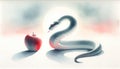 The original sin. Digital painting of an apple and a snake on a white background