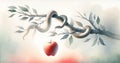 The original sin. Watercolor illustration of an apple and a snake on a tree branch. Royalty Free Stock Photo