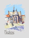 Original sketch drawing of old medieval church in Krakow with hand lettering inscription, Poland