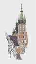 Original sketch drawing of old medieval church in Krakow, Poland