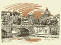 Original sketch drawing Rome Italy cityscape, type of bridge