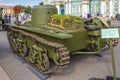 Original small soviet amphibious tank T-38 of World War II on the city action on Palace Square, Saint-Petersburg