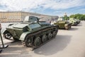 Original soviet tanks of World War II on the city action on Palace Square, Saint-Petersburg