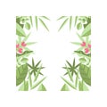 Original square frame of green leaves, branches and pink flowers. Botanical theme. Decorative flat vector element for