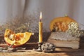 An original still life of Russia with the fire of a wax candle. Wax candle with a bright orange pumpkin, candle fire, dried flower