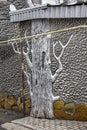 Original stylish and creative decoration wall of a modern building and fence in the form of old trunks, imitation wood, painted w