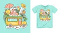 Original summer print on a T-shirt, hoodie. Travel to the sea by bus. Enjoy the summer! Vector illustration. The objects are