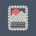 Original template of postmark stamp with ancient Egyptian pyramids and big red sun. Famous architectural landmark