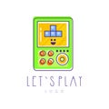 Original tetris logo. Electronic gadget. Linear emblem with green, yellow and blue fill. Vector design for game store